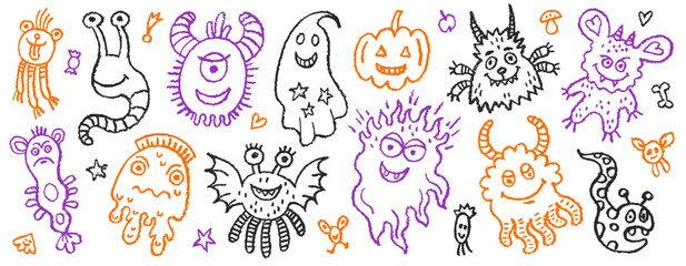 Monster vector. Cute Halloween alien, monster cartoon. Cute Halloween character. Kid funny animal icon set. Vector illustration with happy face creature. Fun scary silly mascot. Doodle toy design bg