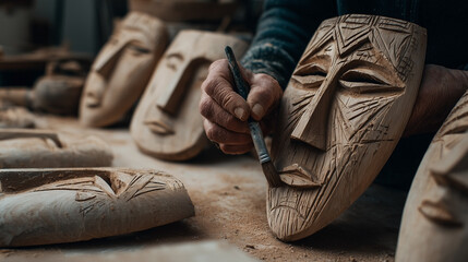 A man is painting a wooden mask
