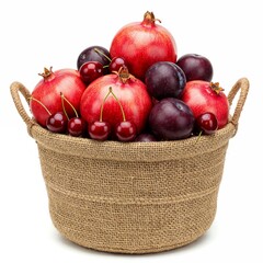 Natural jute basket filled with pomegranates cherries and plums
