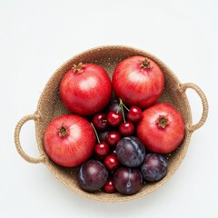Natural jute basket filled with pomegranates cherries and plums