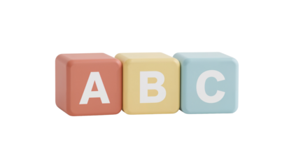 Pastel hued educational alphabet blocks spelling abc on a stark black background