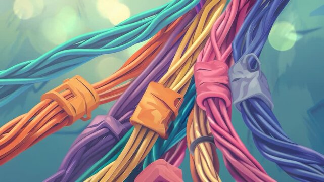 Colorful wire bundles connected together, great for tech and science illustrations