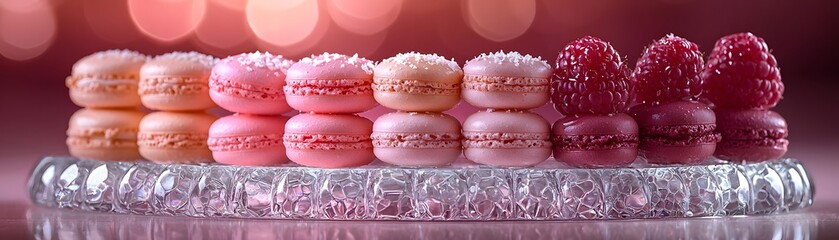 Gourmet arons and fresh raspberries elegantly stacked on a crystal platter with soft bokeh lighting