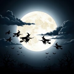 A coven of witches on broomsticks flying across a spooky full moon.
