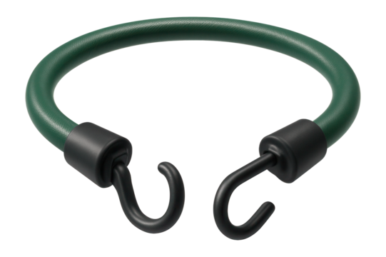 PVC-coated bungee cord with steel hooks for holding tarps over garden equipment