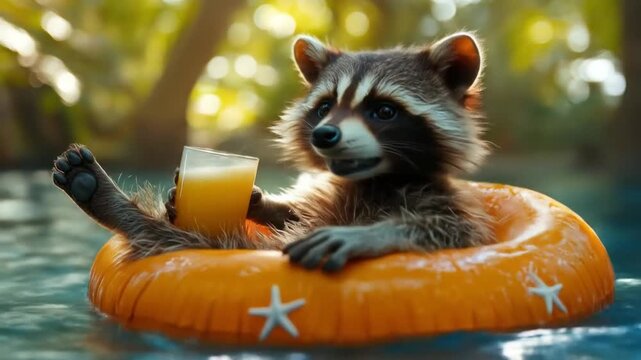 Raccoon drinking beer pool float