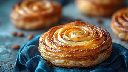 Fototapeta premium Golden swirled Danish pastry dusted with sugar on dark blue silk