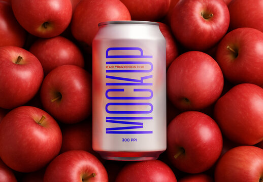 Realistic Aluminum Can Mockup with Red Apple Background &ndash; High Quality Beverage Packaging Design Template for Juice, Soda, and Energy Drink Branding