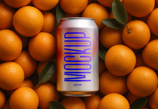 Realistic Aluminum Can Mockup with Fresh Oranges Background &ndash; High Quality Soda, Juice, or Lemonade Packaging Template for Branding and Design Presentation