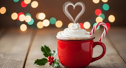 Cozy christmas hot cocoa with whipped cream and candy cane in red mug holiday season winter beverage drink