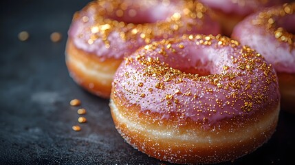 Delicious pink frosted donuts adorned with shimmering gold flakes presented on a dark textured surface