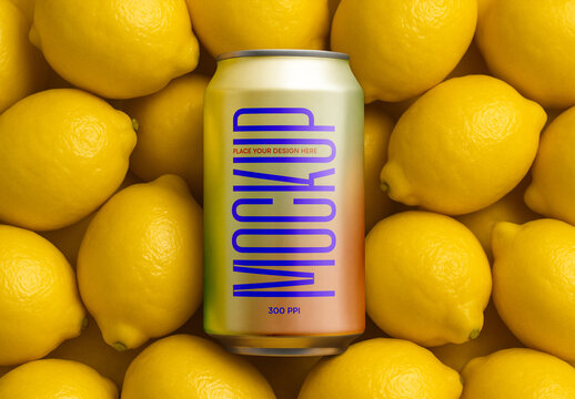 Realistic Aluminum Can Mockup with Fresh Lemon Background &ndash; High Quality Beverage Packaging Design Template for Juice, Lemonade, and Energy Drink Branding