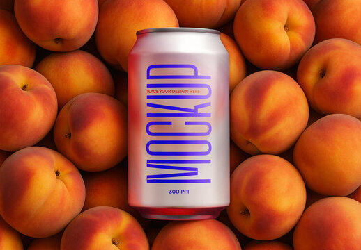Realistic Aluminum Can Mockup on Peach Background, Editable Metallic Beverage Can with Customizable Label for Juice, Soda and Soft Drink Branding