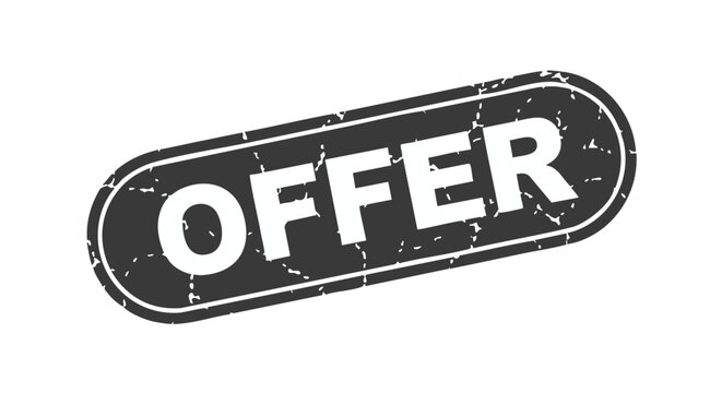 Distressed black stamp with rounded corners displaying the word "OFFER" in bold white letters.