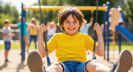Joyful young boy swinging at a playground during a sunny day, showcasing playful spirit and childhood innocence while surrounded by friends and a vibrant outdoor environment.