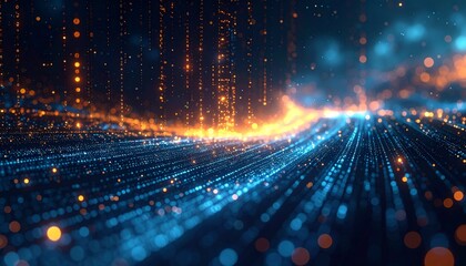 Data Stream Flow – cascading streams of bright digital code raining diagonally like falling light, with soft bokeh and depth.