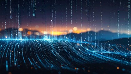 Data Stream Flow – cascading streams of bright digital code raining diagonally like falling light, with soft bokeh and depth.