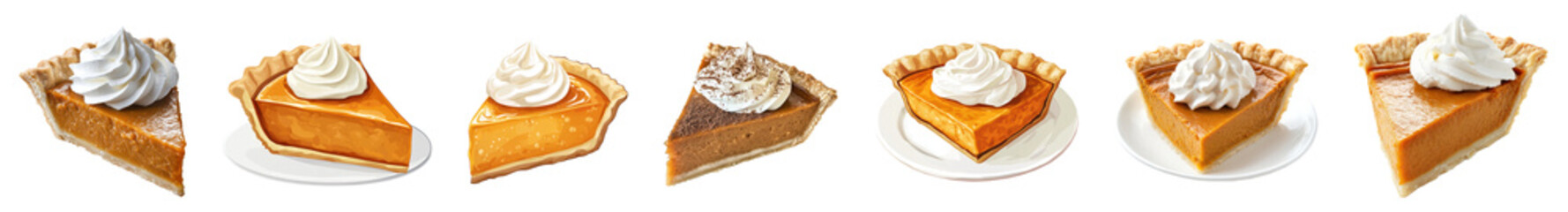 Set of slices of pumpkin pie with whipped cream on top, arranged in a row on white plates, PNG, isolated on transparent background.