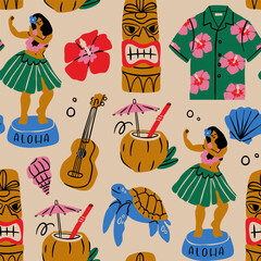 Various Hawaiian tropical symbols. Hula dancer, tiki statue, exotic flower, sea turtle, ukulele guitar, coconut cocktail, shirt, shells. Hand drawn Vector illustration. Square seamless Pattern