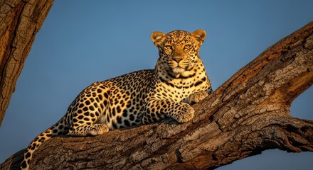 Leopard Resting on a Tree Branch at Sunset