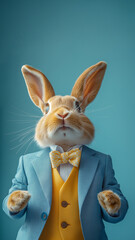 Stylish anthropomorphic rabbit in a blue suit and yellow vest with bow tie, looking upward at copy space, concept of spring advertising and Easter promotions.