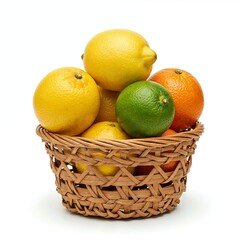 Small round basket filled with citrus fruits lemons limes mandarins