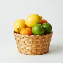 Small round basket filled with citrus fruits lemons limes mandarins