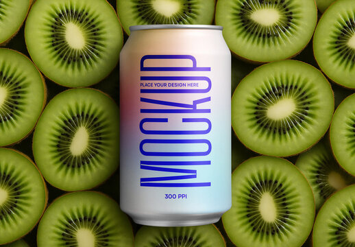 Realistic Aluminum Can Mockup with Fresh Kiwi Fruit Background for Beverage and Juice Packaging Design