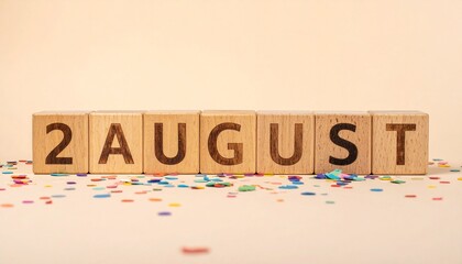 Wooden Blocks with Date 2 August. Calendar for birthday or anniversary on solid colored background with confetti
