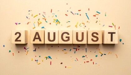 Wooden Blocks with Date 2 August. Calendar for birthday or anniversary on solid colored background with confetti