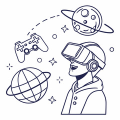 Metaverse line icon set. Minimalistic stickers with virtual reality, modern technologies and innovative gadgets. Futuristic world. Cartoon flat vector .