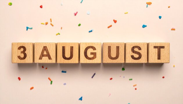 Wooden Blocks with Date 3 August. Calendar for birthday or anniversary on solid colored background with confetti