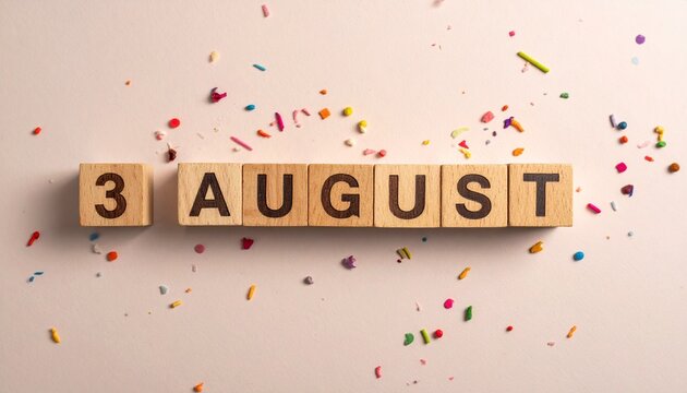 Wooden Blocks with Date 3 August. Calendar for birthday or anniversary on solid colored background with confetti