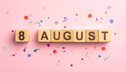 Wooden Blocks with Date 8 August. Calendar for birthday or anniversary on solid colored background with confetti