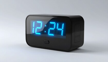 Digital clock on white surface showing 12:24, symbolizing modern timekeeping.