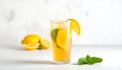Fototapeta premium Refreshing iced tea drink with lemon slices and mint