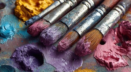 Artistic Paintbrushes and Palette Displaying Colorful Paints and Textures.