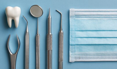 Dental tools and equipment arranged on a blue surface for medical procedures.