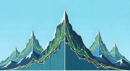 Illustration of mountain peaks overlaid with stock market charts and financial growth indicators against a clear sky