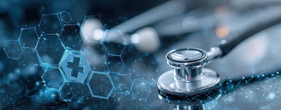 Medical stethoscope on a reflective surface with digital overlay.