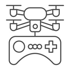 Drone copter with control joystick thin line icon, portable electronics concept, quadcopter and gamepad sign on white background, outline style icon for mobile and web design. Vector graphi