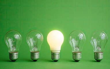 Illuminated Light Bulb Among Others on Green Background.