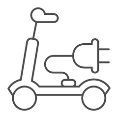 Electric scooter, plug and wire thin line icon, recharging electric transportation concept, smart vehicle sign on white background, outline style icon for mobile and web design. Vector graphics.