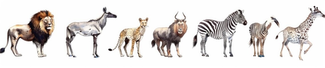 Obraz premium Set of animals from Africa, including a lion, hyena, vulture, wildebeest and zebra on a white background. The illustration is in the style of watercolor.