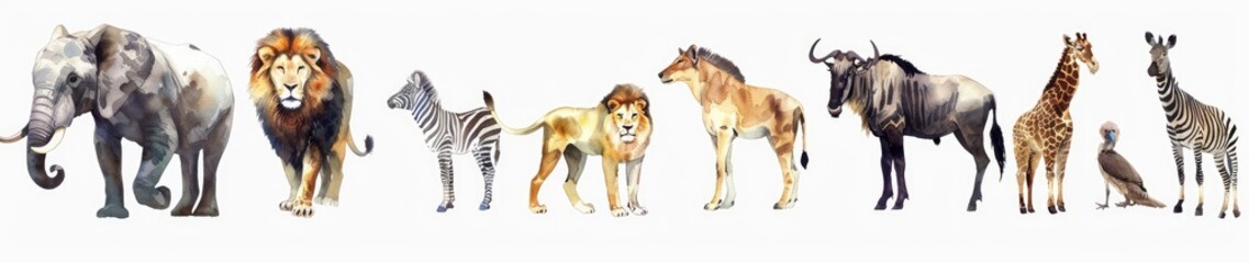 Obraz premium Set of animals from Africa, including a lion, hyena, vulture, wildebeest and zebra on a white background. The illustration is in the style of watercolor.