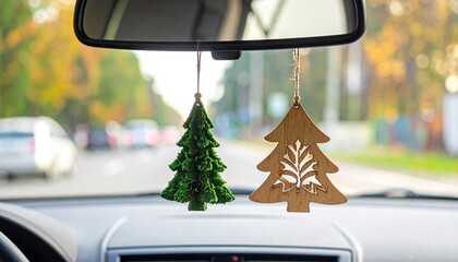 Tree air fresheners in autumn car interior, symbolizing personal comfort.