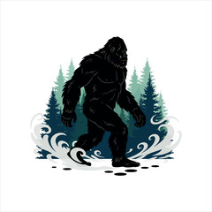 Obraz premium Mysterious bigfoot silhouette running through snow-covered evergreen forest capturing cryptid folklore and wilderness adventure vector