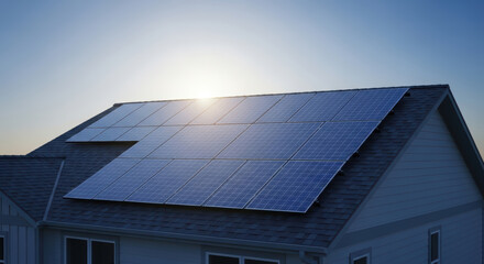 Obraz premium Solar panels installed on a residential roof, capturing sunlight during sunset, showcasing renewable energy technology and sustainable living practices for eco-friendly homes