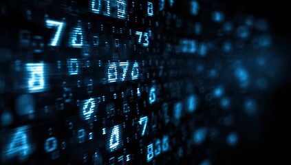 Digital data stream of numbers in a futuristic technology environment.