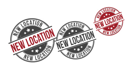 Three circular "New Location" stamps in varying shades of red and gray.